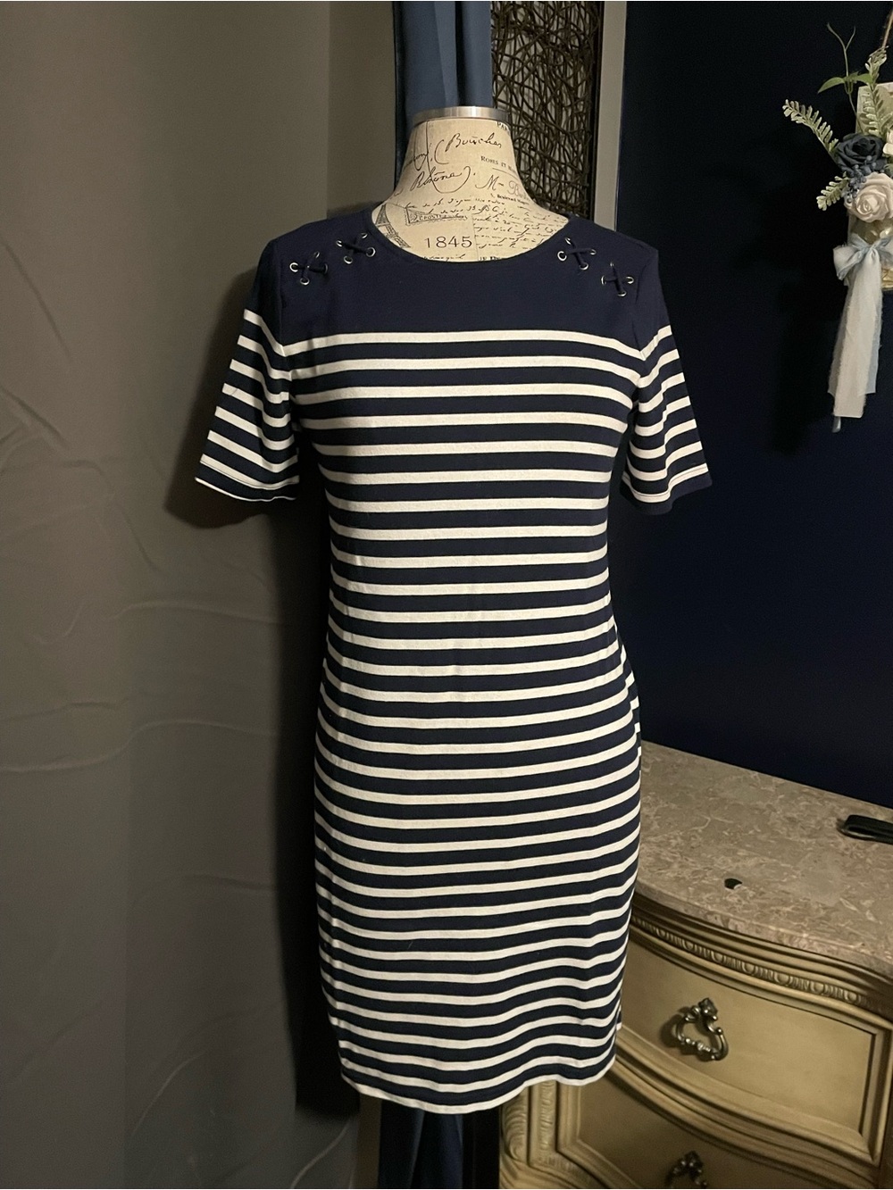 Karen Scott Navy and White Striped Short Sleeve Midi Dress
